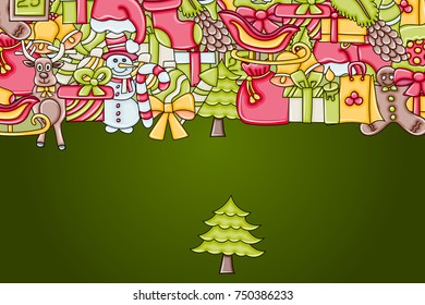 Christmas background with space for text. For a greeting card, flyer, or brochure. Hand drawn cartoon style doodle vector illustration.