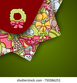 Christmas background with space for text. For a greeting card, flyer, or brochure. Hand drawn cartoon style doodle vector illustration.