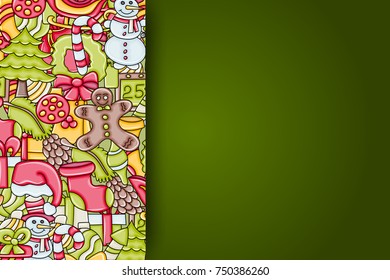 Christmas background with space for text. For a greeting card, flyer, or brochure. Hand drawn cartoon style doodle vector illustration.
