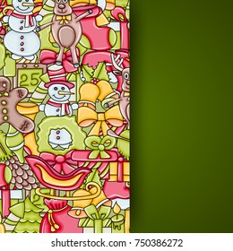 Christmas background with space for text. For a greeting card, flyer, or brochure. Hand drawn cartoon style doodle vector illustration.