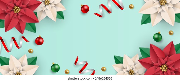 Christmas background with space for text with red and white poinsettia flowers