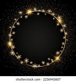 Christmas background with sparkling gold snowflake frame