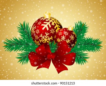 Christmas background with spheres and fur-tree branches.