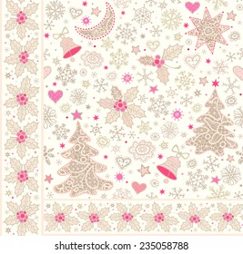 Christmas background and sprigs of holly border. Seamless pattern with  lacy xmas trees, moon, stars, bells and snowflakes. Vector illustration.