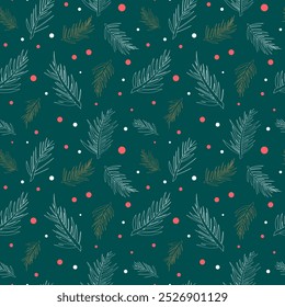 Fundo de Natal com ramos de abeto, bagas e neve. Vetor Natal padrão sem emenda. EPS10