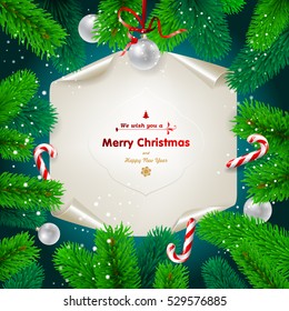 Christmas background with spruce branches and blank. Vector  EPS 10.