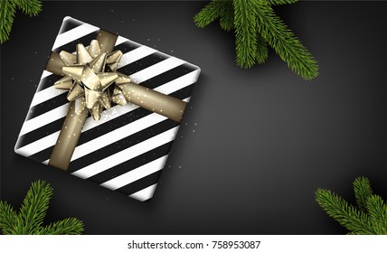 Fondo de Navidad con ramas de abeto y caja de regalo. Ilustración de la vista superior del vector.