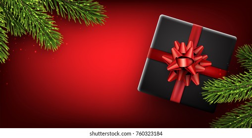 Christmas background with spruce branches and gift box. Vector top view illustration.