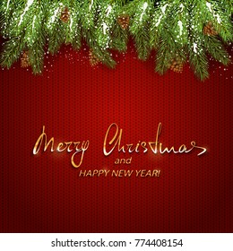 Christmas background and spruce branches with pine cones and snow. Holiday decorations on red knitted pattern, illustration.