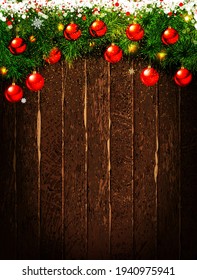 Christmas background. Spruce branches and shiny Christmas balls on a vintage wooden background. Vector illustration.