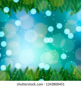 Christmas background with spruce branches.Decorated Christmas tree branches on a bokeh bachground. Vector Illustration.