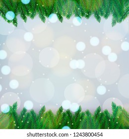 Christmas background with spruce branches.Decorated Christmas tree branches on a bokeh bachground. Vector Illustration.