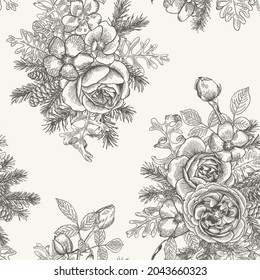 Christmas background with spruce, cones, roses, wild roses. Vintage floral seamless pattern. Botanical ornament. Engraving style. Black and White. 