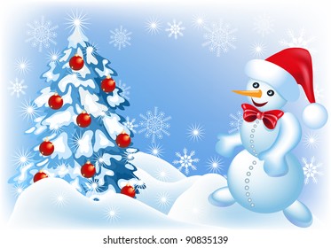 Christmas background with spruce and snowman