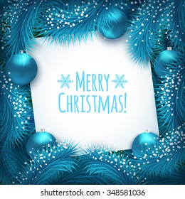 Christmas background. Square frame and fir tree decorations. Greeting card vector template. 