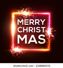 Christmas background. Square neon lights frame. Glowing border with sparkle flash glitter particles and explosion. Celebrating Xmas text with shining effect on red backdrop. Color vector illustration.