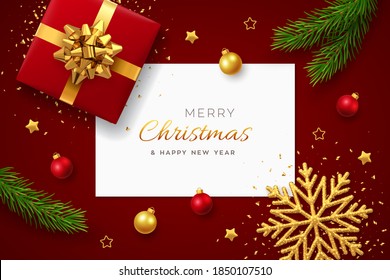 Christmas background with square paper banner, realistic red gift box with golden bow, pine branches, gold stars and glitter snowflake, balls bauble. Xmas background, greeting cards. Vector.