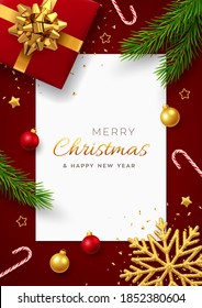 Christmas background with square paper banner, realistic red gift box with golden bow, pine branches, gold stars and glitter snowflake, balls, candy canes. Xmas background, greeting cards. Vector.