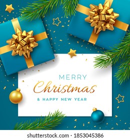 Christmas background with square paper banner, realistic blue gift boxes with golden bow, pine branches, gold stars and glitter confetti, balls bauble. Xmas background, greeting cards. Vector.