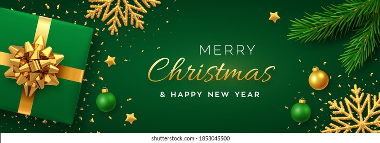 Christmas background with square paper banner, realistic green gift box with golden bow, pine branches, gold stars and glitter snowflake, balls bauble. Xmas background, greeting cards. Vector.