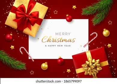 Christmas background with square paper banner, realistic red gift boxes with red and golden bows, pine branches, gold stars and glitter confetti, balls bauble. Xmas background, greeting cards. Vector.