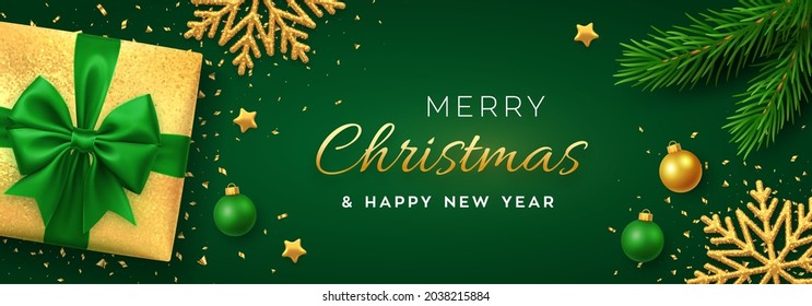 Christmas background with square paper banner, realistic green gift box with bow, pine branches, gold stars and glitter snowflake, balls bauble. Xmas background, greeting cards. Vector illustration.