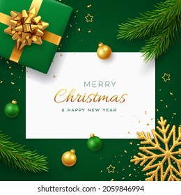 Christmas background with square paper banner, realistic green gift box with golden bow, pine branches, gold stars and glitter snowflake, balls bauble. Xmas background, greeting cards. Vector.