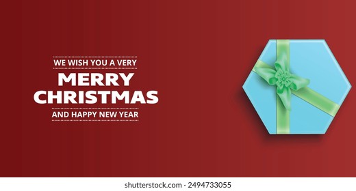 Christmas background with square paper banner, realistic red gift boxes with red and golden bows, pine branches, gold stars and glitter confetti, balls bauble. Xmas background, greeting cards. Vector.
