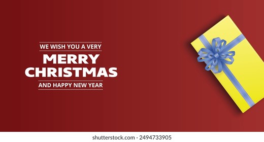 Christmas background with square paper banner, realistic red gift boxes with red and golden bows, pine branches, gold stars and glitter confetti, balls bauble. Xmas background, greeting cards. Vector.