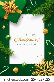 Christmas background with square paper banner, realistic green gift box with golden bow, pine branches, gold stars and glitter snowflake, balls, candy canes. Xmas background, greeting cards. Vector.