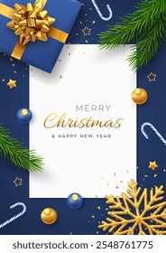 Christmas background with square paper banner, realistic blue gift box with golden bow, pine branches, gold stars and glitter snowflake, balls, candy canes. Xmas background, greeting cards. Vector.