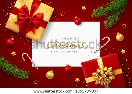 Christmas background with square paper banner, realistic red gift boxes with red and golden bows, pine branches, gold stars and glitter confetti, balls bauble. Xmas background, greeting cards. Vector.