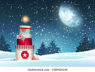 Christmas background with stack of colorful presents in snowy landscape, vector illustration, eps 10 with transparency and gradient meshes