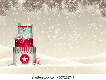 Christmas background with stack of colorful presents in snowy landscape, vector illustration, eps 10 with transparency and gradient meshes