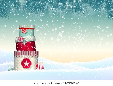 Christmas background and stack colorful presents in snowy landscape  vector illustration  eps 10 and transparency   gradient meshes