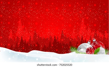 Christmas background with stack of colorful presents in snowy landscape, vector illustration.