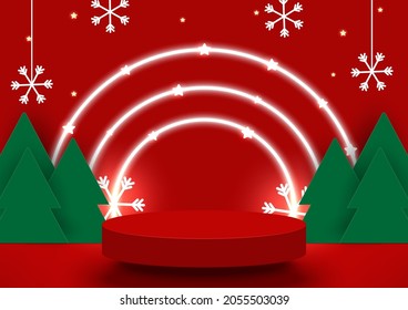 Christmas background. Stage podium decor with step neon lighting round shape, snowflake, star, trees. Christmas scene.3d circle pedestal for a product, show, on a red background. Vector illustration.