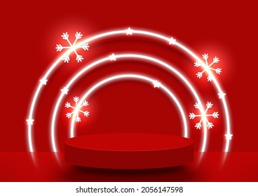 Christmas background. Stage podium decorated with step neon lighting, snowflake, star. Abstract Christmas mock-up scene. 3d pedestal for product base, show, on a red background. Vector illustration.