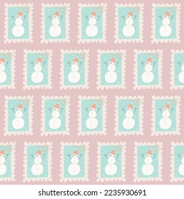 Christmas background, stamp with snowman and text Santa post 25 December. Winter seamless pattern in pink, light blue, white colors. For gift wrapping paper, baby textile, cute kids fabric, wallpaper