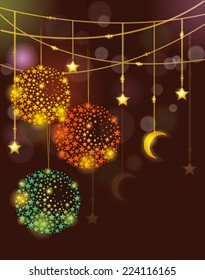 Christmas background with star balls and tinsel with stars and a crescent moon for your congratulations.