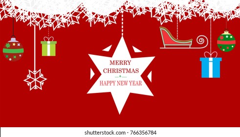 Christmas background with star, box,sleigh and ball light. Vector illustration