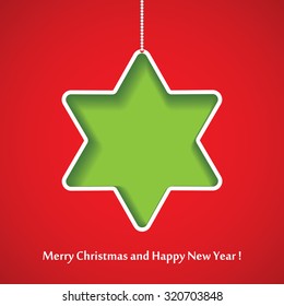 Christmas background star cutted from paper on red background. Vector illustration. Greeting card with Christmas star