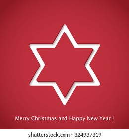 Christmas background star cutted from paper on red background. Vector illustration. Greeting card with Christmas star