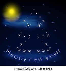 Christmas background. Starry sky and a tree made of Stars. Vector illustration