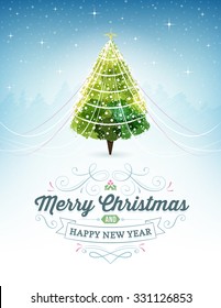 Christmas background with starry sky and a christmas tree. Text and ornaments. File format is EPS10.