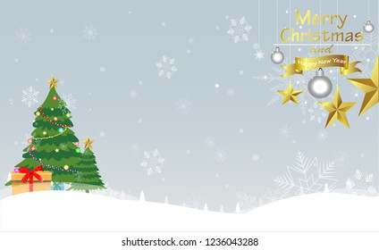 Christmas background. Stars golden and snowflakes shine beautifully Vector illustration and Copy space Christmas tree and gift box.