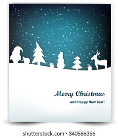 Christmas background with stars, snowman, Santa and deer. Vector illustration.