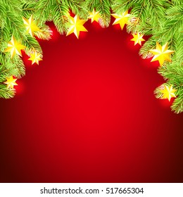 Christmas background with stras garland and fir-tree on red background. Vector illustration.