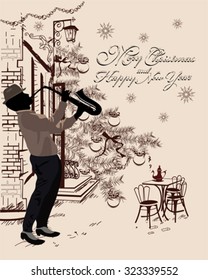 Christmas background with  street cafe, Christmas tree and a musician for menu design. Hand drawn illustration.