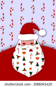 Christmas background with striped lollipops. Fat Santa Claus in a hat with a colorful beard. A set of Christmas trees, lollipops. Christmas cartoon cut out of paper. Greeting card made of cardboard.